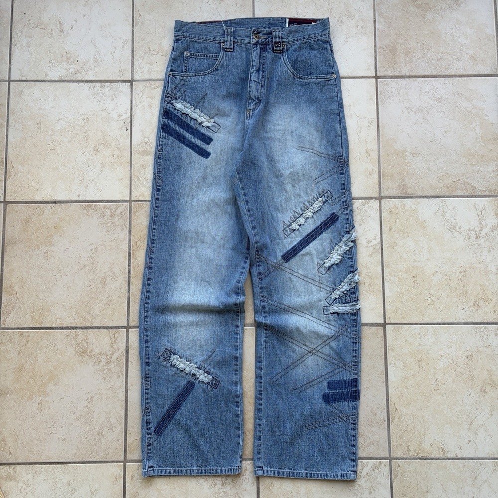 Phat Farm Jeans Mens Fits 30x32 Blue Faded Grunge Patchwork Y2K Skater Denim